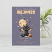 かわいい大きな目の翼の妖精の黒猫ハロウィン 招待状 (スタンド正面)