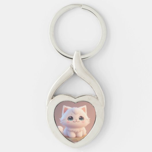 かわいい大きな目をしたフワフワの白い子猫 キーホルダー (正面)