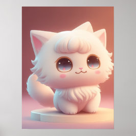 かわいい大きな目をしたフワフワの白猫 ポスター
