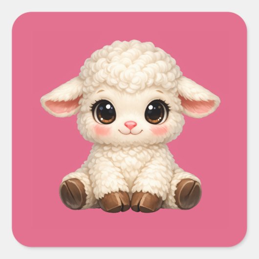 かわいい大きな目を持つ幸せな羊 かわいい農場の動物 スクエアシール (正面)