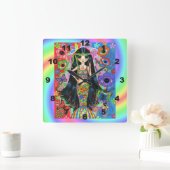 かわいい大きな目ヒッピー人魚の少女の平和サイン1960s スクエア壁時計 (ホーム)