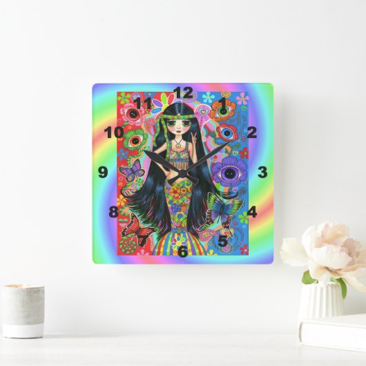 かわいい大きな目ヒッピー人魚の少女の平和サイン1960s スクエア壁時計 (ホーム)