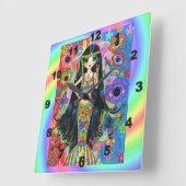 かわいい大きな目ヒッピー人魚の少女の平和サイン1960s スクエア壁時計 (傾斜)