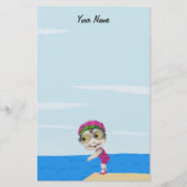 かわいい大きな目泳ぐ人ガールピンク水玉模様 便箋 (正面)