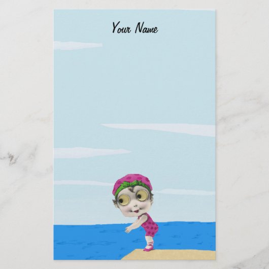 かわいい大きな目泳ぐ人ガールピンク水玉模様 便箋 (正面)