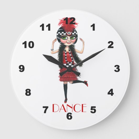 かわいい大きな目玉飾り少女人形踊り ラージ壁時計 (正面)