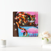 かわいい大きな緑の目カリコチェシャーキャット スクエア壁時計 (ホーム)