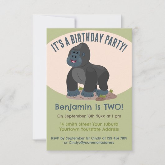 かわいい大ゴリラパーソナライズされたマンガの誕生日 招待状 (正面)