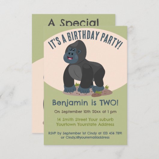 かわいい大ゴリラパーソナライズされたマンガの誕生日 招待状 (正面/裏面)