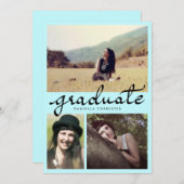 かわいい大学院の書道3枚、青 招待状 (正面/裏面)