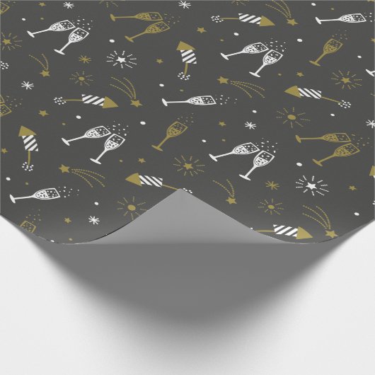 かわいい大晦日の花火とシャンパン ラッピングペーパー (角)