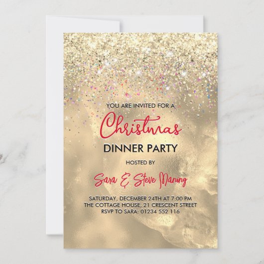 かわいい大理石アート金ゴールドフェイクグリッタークリスマス 招待状 (正面)