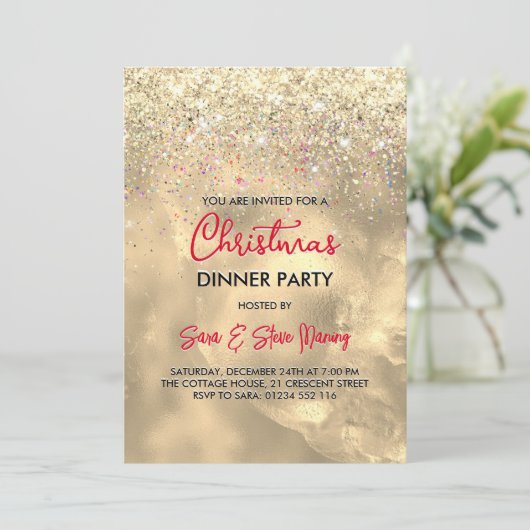 かわいい大理石アート金ゴールドフェイクグリッタークリスマス 招待状 (スタンド正面)