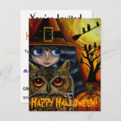 かわいい大目ウィッチガール&フクロウお洒落ハロウィン 招待状 (正面/裏面)