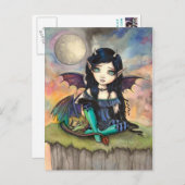 かわいい大目ゴシック体の妖精とドラゴンアート ポストカード (正面/裏面)
