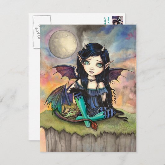 かわいい大目ゴシック体の妖精とドラゴンアート ポストカード (正面/裏面)