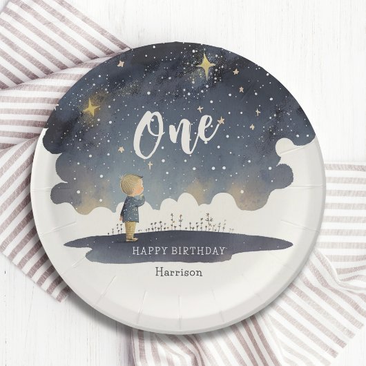 かわいい天体誕生日スターズウォーターカラーボーイ ペーパープレート