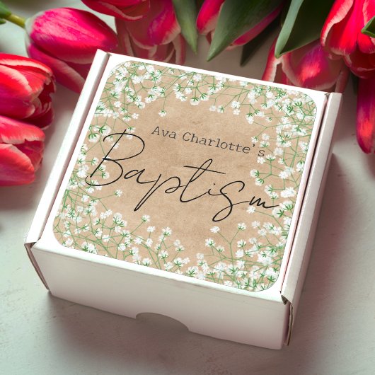 かわいい天使の息吹 水彩花 ボヘミアンスタイル 洗礼 スクエアシール