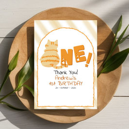 かわいい太ったオレンジ色の猫のストライプ 1歳の誕生日 サンキューカード