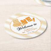 かわいい太ったオレンジ色の猫の1歳の誕生日 ラウンドペーパーコースター (アングル)