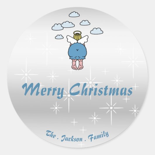 かわいい太った天使シルバー効果星面白いクリスマス ラウンドシール (正面)