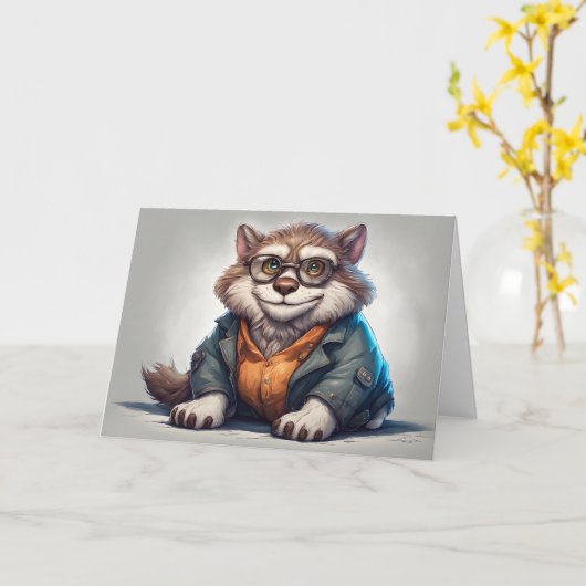 かわいい太った猫がシャツとジャケットを着ている カード (黄色い花)