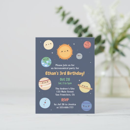 かわいい太陽と惑星天文学宇宙誕生日 招待状 (スタンド正面)