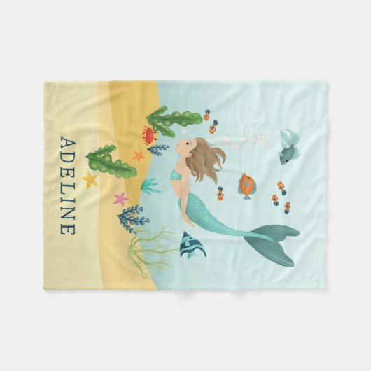 かわいい女お洒落の子と魔法の人魚の海の子たち フリースブランケット (正面(横))