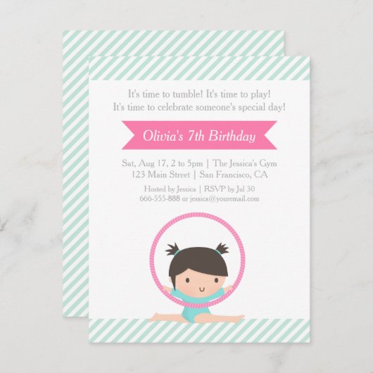 かわいい女の子およびたがの体操の子供の誕生日のパーティー 招待状 (正面/裏面)