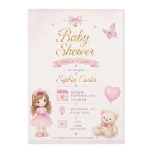 かわいい女の子がモチーフのピンクのベビーシャワー招待状