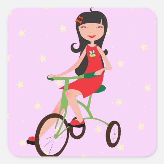 かわいい女の子が乗る三輪車のキャラクター スクエアシール (正面)