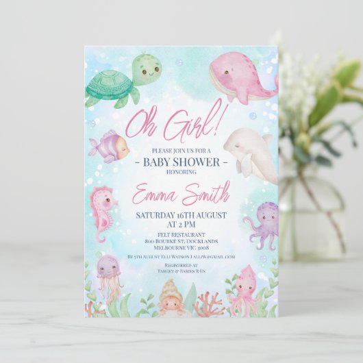 かわいい女の子が海の赤ちゃんシャワーを浴びる 招待状 (スタンド正面)