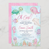 かわいい女の子が海の赤ちゃんシャワーを浴びる 招待状 (正面/裏面)