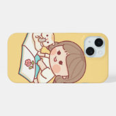 かわいい女の子が猫と本を読む – パステル調のiPhoneケース iPhone 15ケース (裏面横)