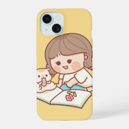 かわいい女の子が猫と本を読む – パステル調のiPhoneケース iPhone 15ケース