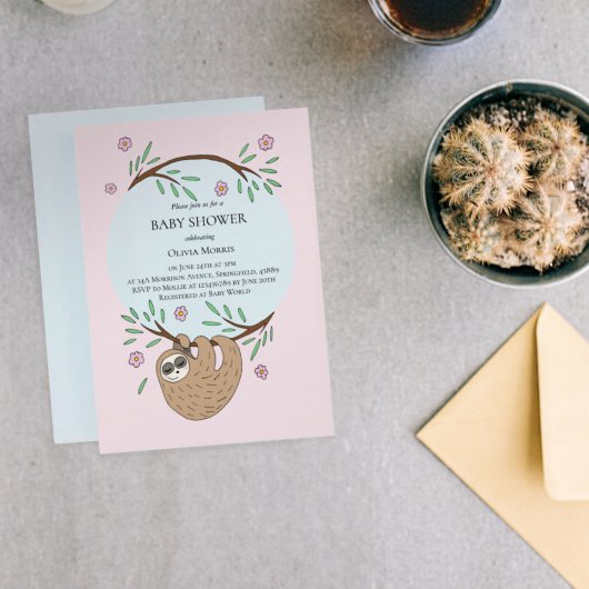 かわいい女の子が眠るナマケモノと名前ベビーシャワー 招待状
