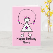かわいい女の子が縄跳びピンク誕生日 カード (黄色い花)