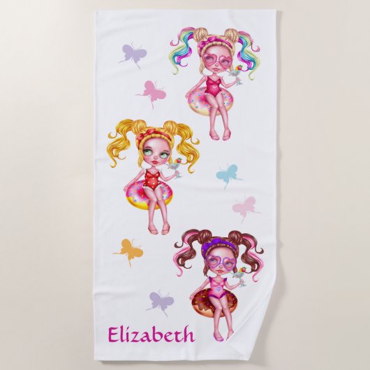 . .かわいい女の子が肉汁を吸うパーソナライズされた ビーチタオル (正面)