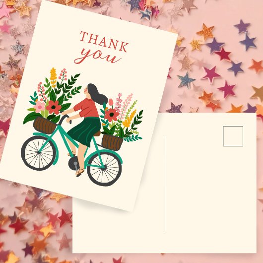 かわいい女の子が花を飾った自転車に乗ってる THANK YOU ポストカード