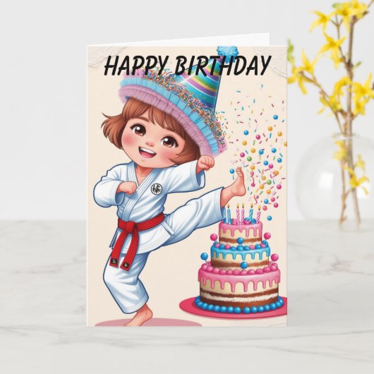 かわいい女の子が誕生日ケーキを蹴る カード (黄色い花)