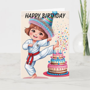 かわいい女の子が誕生日ケーキを蹴る カード