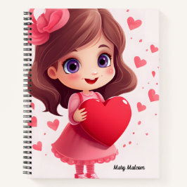 かわいい女の子が赤いハート ノートブック