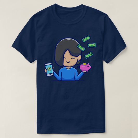 かわいい女の子が電話を持ち、お金とピギーバンク Tシャツ (デザイン正面)