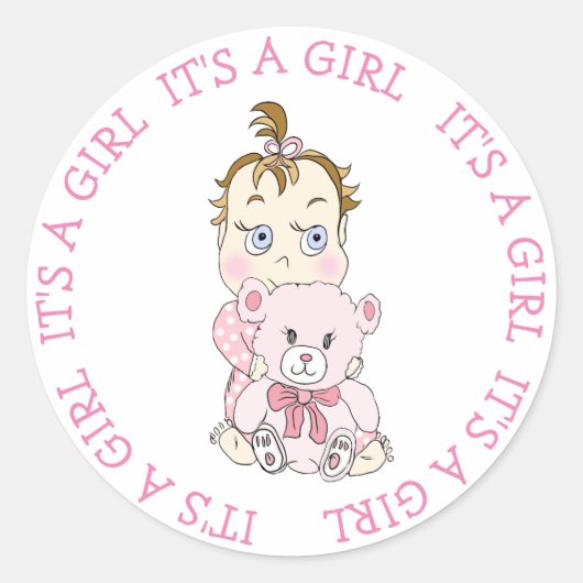 かわいい女の子とテディベアベビー ラウンドシール (正面)