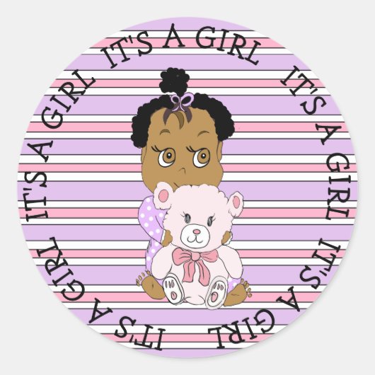 かわいい女の子とテディベアベビー ラウンドシール (正面)