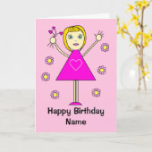 かわいい女の子とハートピンクの漫画誕生日 カード (黄色い花)