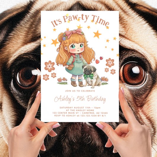 かわいい女の子とパグ パーティータイムの誕生日 招待状