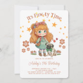 かわいい女の子とパグ パーティータイムの誕生日 招待状 (正面)