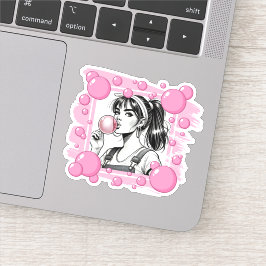かわいい女の子とピンクの泡、コミック・エンターテイメント、コミック モノクロ シール