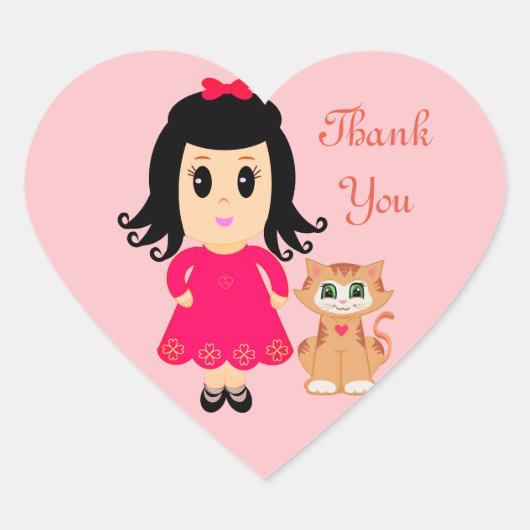 かわいい女の子とピンクの背景にジンジャーキティ猫の「ありがとう」 ハートシール (正面)
